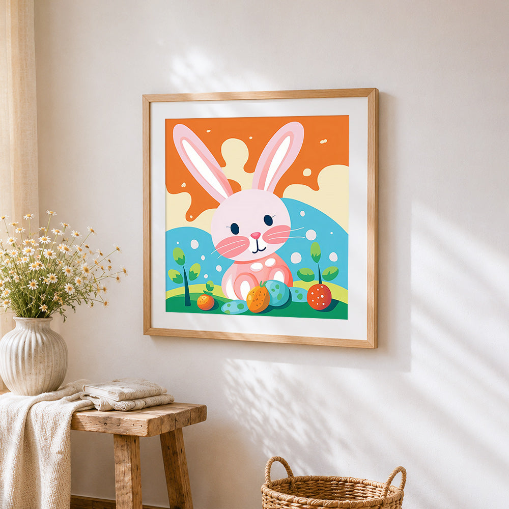 Sweet pink bunny with berries cross stitch artwork displayed on wall as home decor