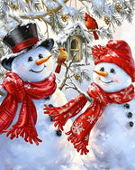 Sweet snowman couple with red scarves cross stitch kit for beginners