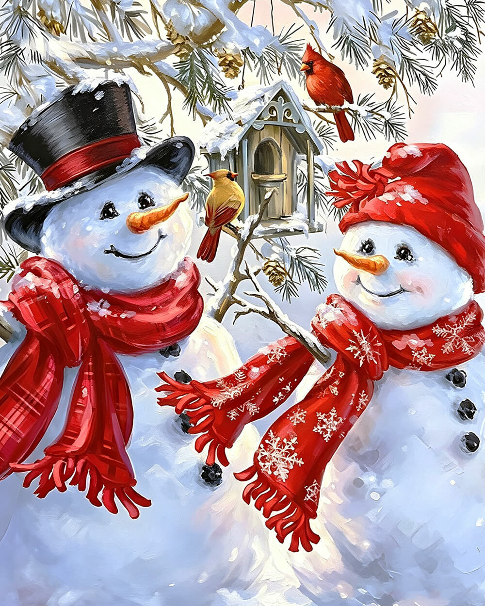 Sweet snowman couple with red scarves cross stitch kit for beginners