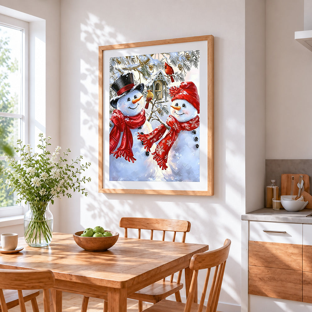 Sweet snowman couple with red scarves cross stitch artwork displayed on wall as home decor