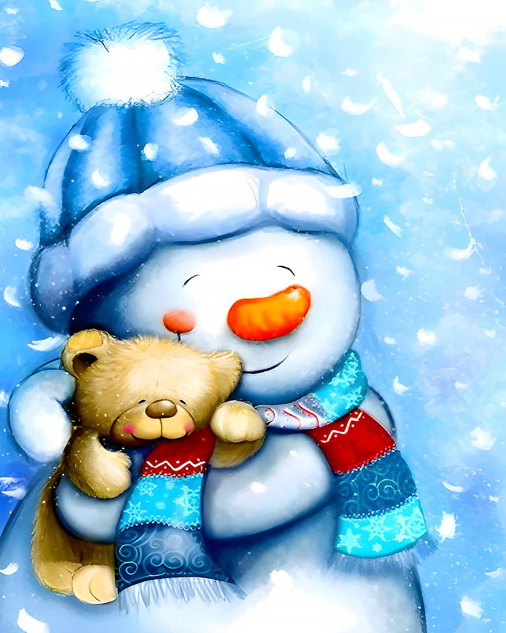Sweet snowman in blue hat cuddling a bear cross stitch kit for beginners