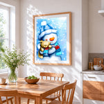 Sweet snowman in blue hat cuddling a bear cross stitch artwork displayed on wall as home decor