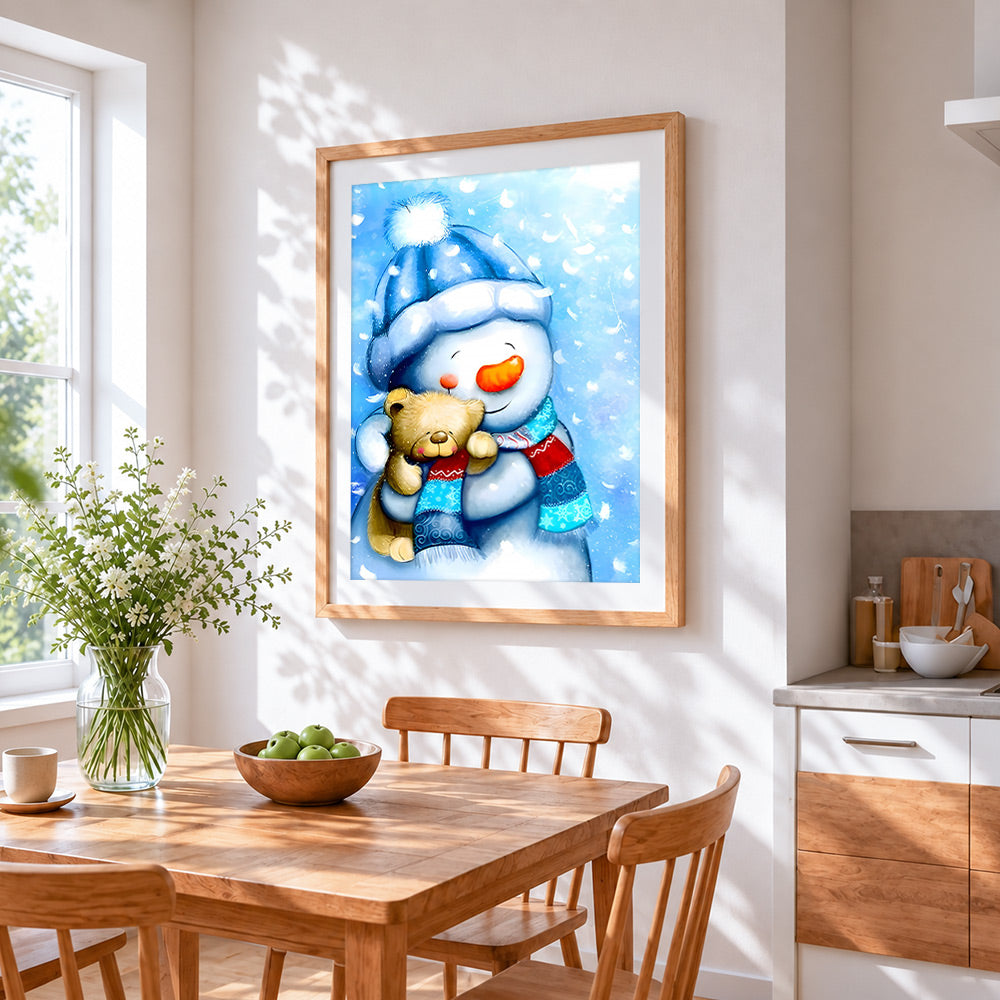 Sweet snowman in blue hat cuddling a bear cross stitch artwork displayed on wall as home decor