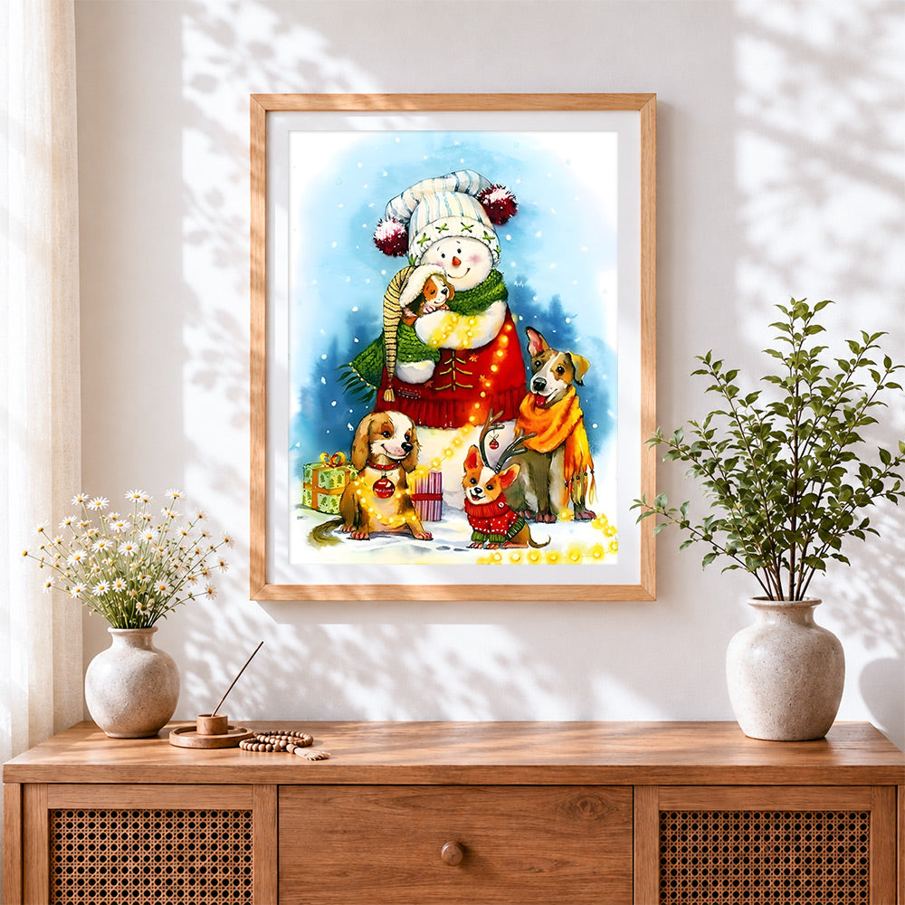 Finished sweet snowman with puppies cross stitch artwork displayed