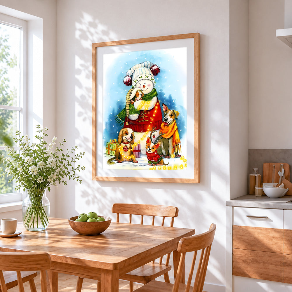 Sweet snowman with puppies cross stitch artwork displayed on wall as home decor
