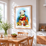 Sweet snowman with puppies cross stitch artwork displayed on wall as home decor