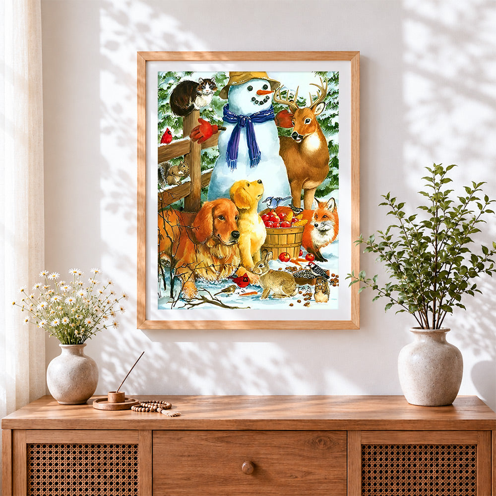 Finished sweet snowman with woodland animals cross stitch artwork displayed