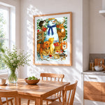 Sweet snowman with woodland animals cross stitch artwork displayed on wall as home decor