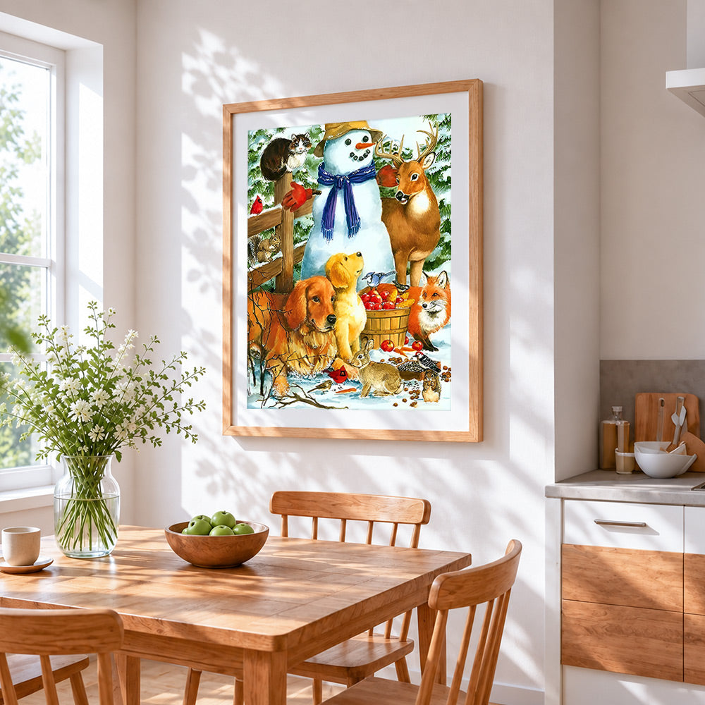 Sweet snowman with woodland animals cross stitch artwork displayed on wall as home decor