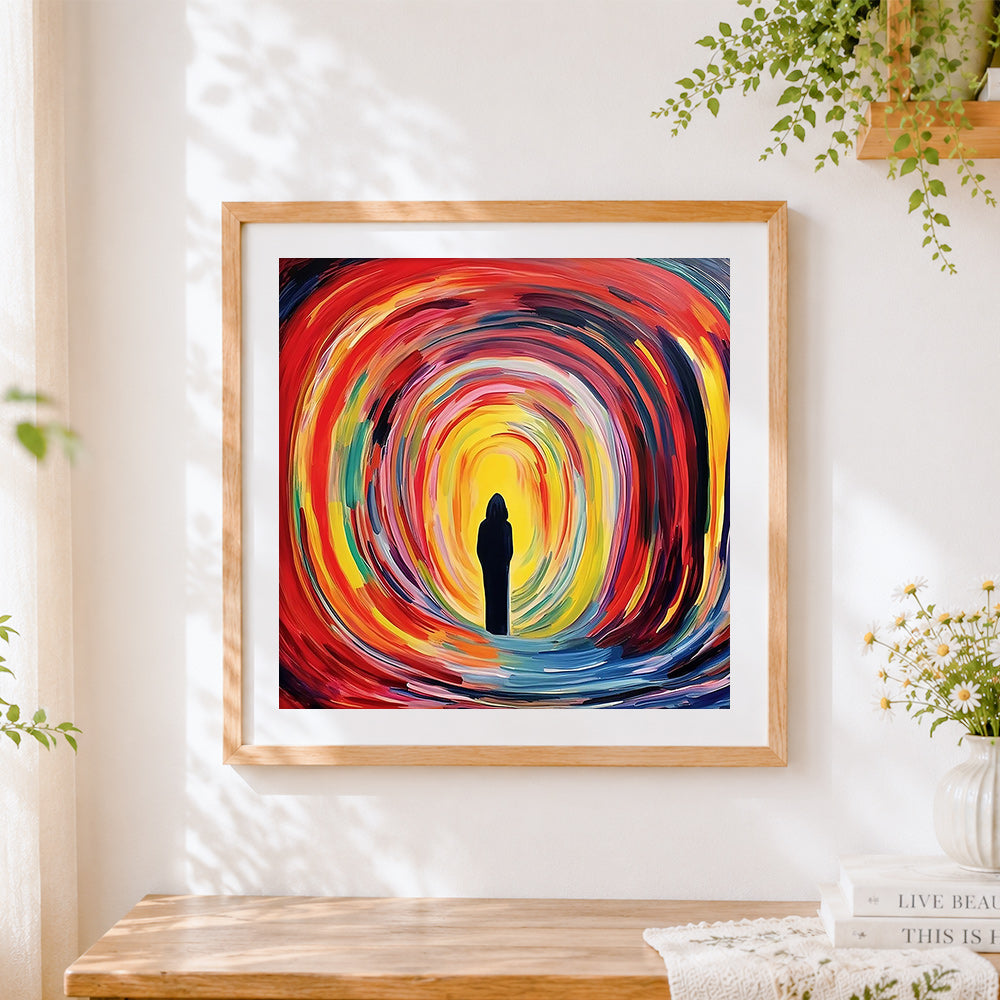 Finished swirling colours and silhouette cross stitch artwork displayed
