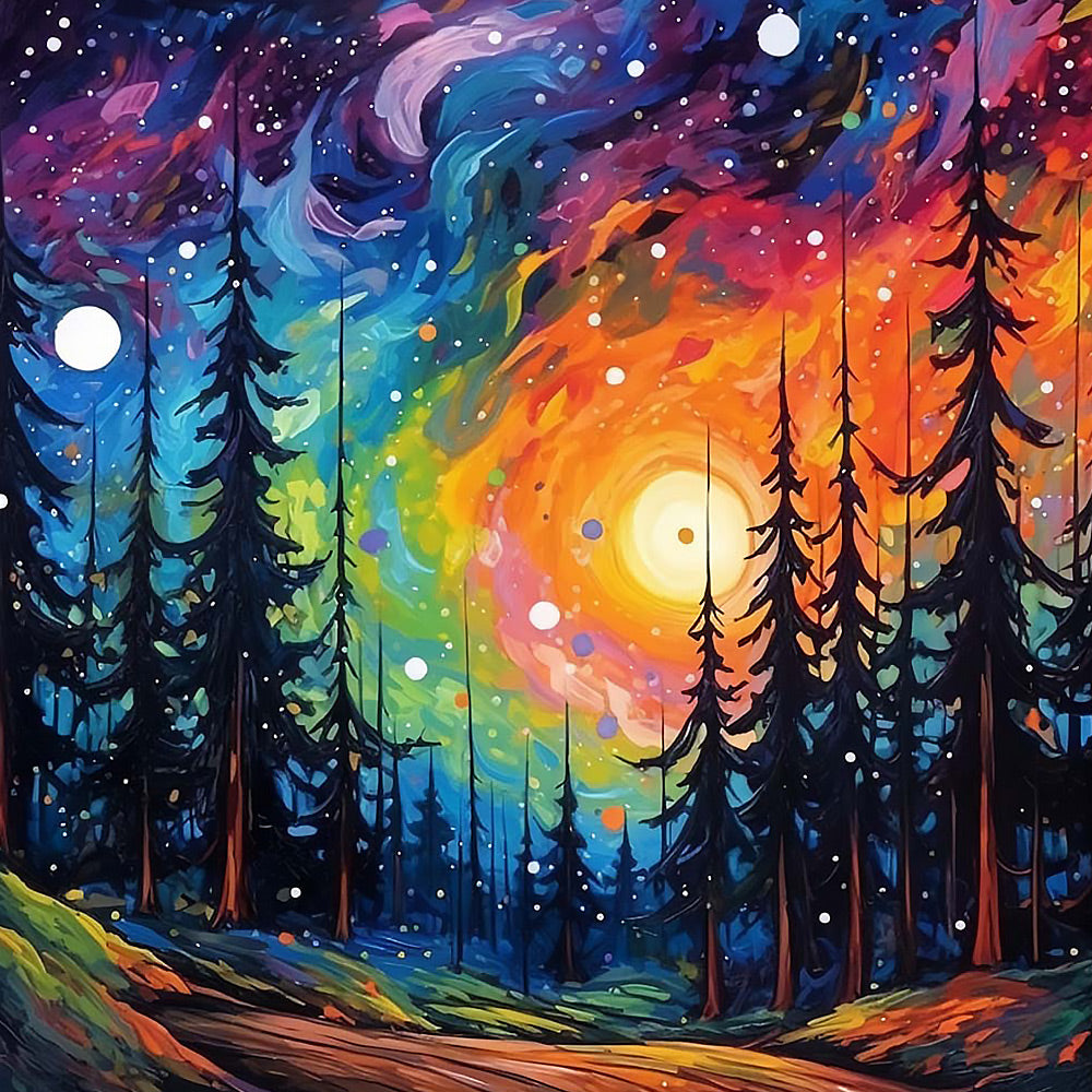 Swirling cosmic forest cross stitch kit for beginners