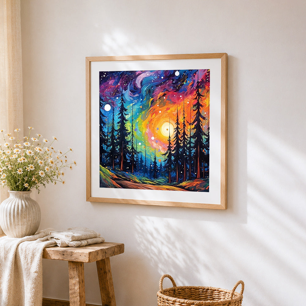Swirling cosmic forest cross stitch artwork displayed on wall as home decor
