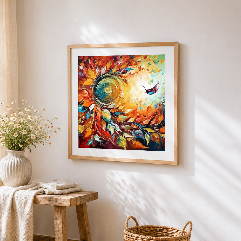 Swirling leaves and hummingbird cross stitch artwork displayed on wall as home decor