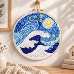 Swirling ocean waves embroidery hoop wall art displayed as warm and cosy handmade home decor