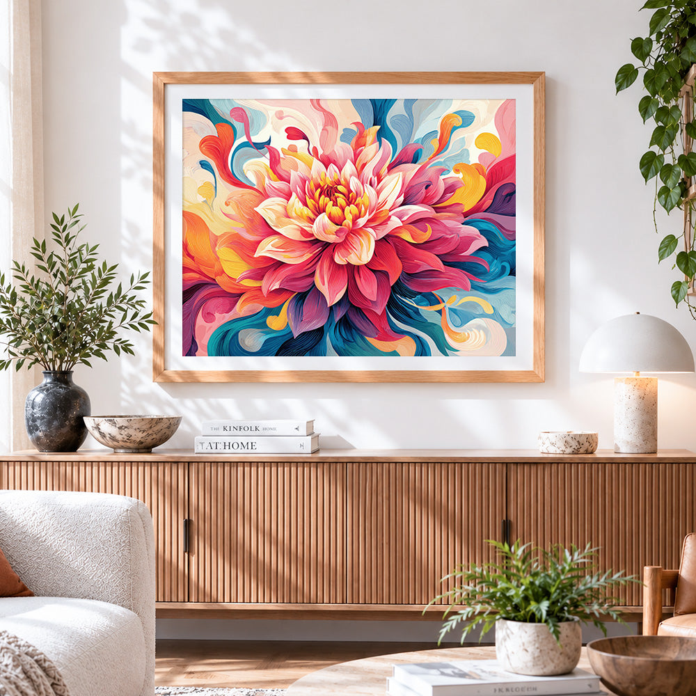 Finished swirling rainbow dahlia cross stitch artwork displayed