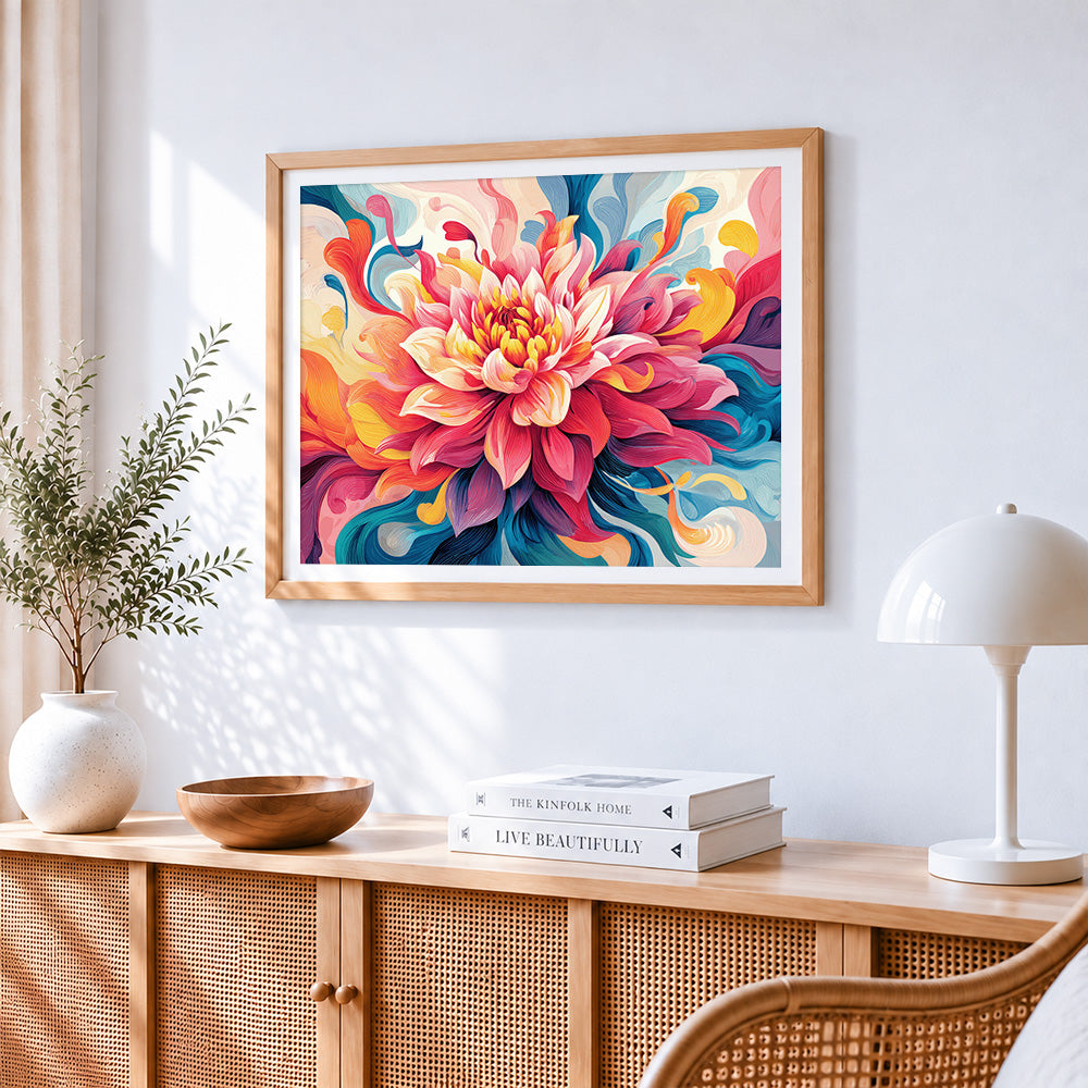 Swirling rainbow dahlia cross stitch artwork displayed on wall as home decor