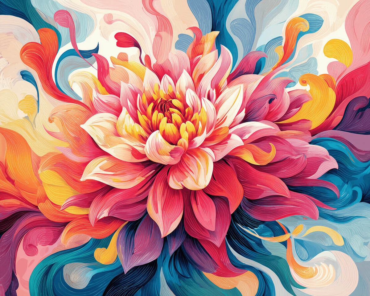 Swirling rainbow dahlia paint by numbers kit for beginners