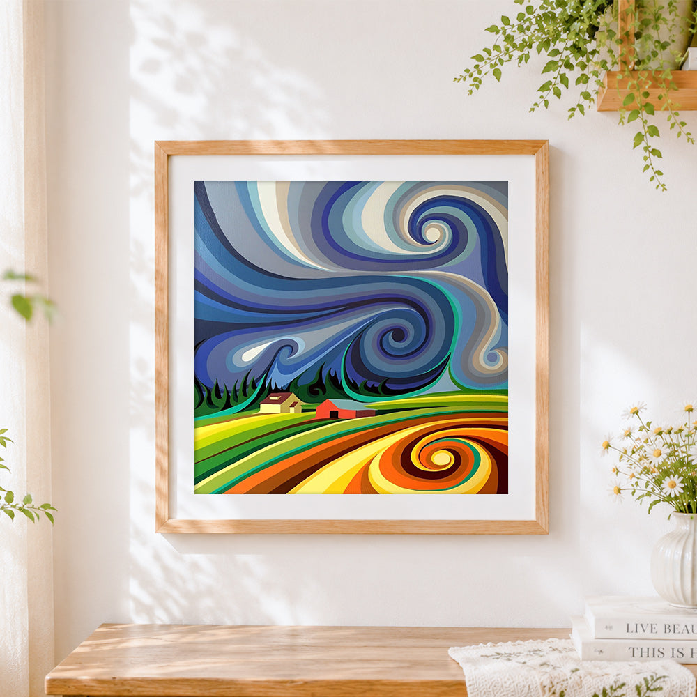 Finished swirling winds cross stitch artwork displayed