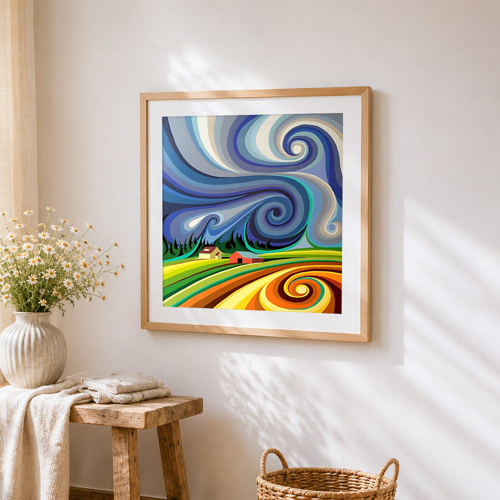 Swirling winds cross stitch artwork displayed on wall as home decor