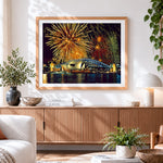 Finished sydney opera house and fireworks cross stitch artwork displayed