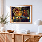 Sydney opera house and fireworks cross stitch artwork displayed on wall as home decor