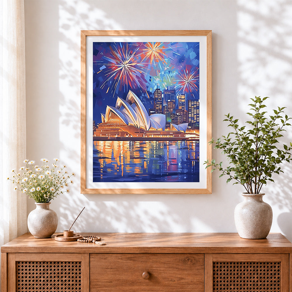 Finished sydney opera house with fireworks cross stitch artwork displayed