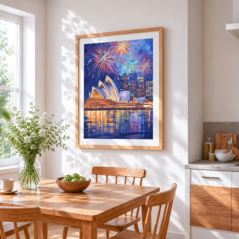 Sydney opera house with fireworks cross stitch artwork displayed on wall as home decor