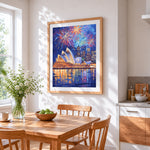 Sydney opera house with fireworks cross stitch artwork displayed on wall as home decor