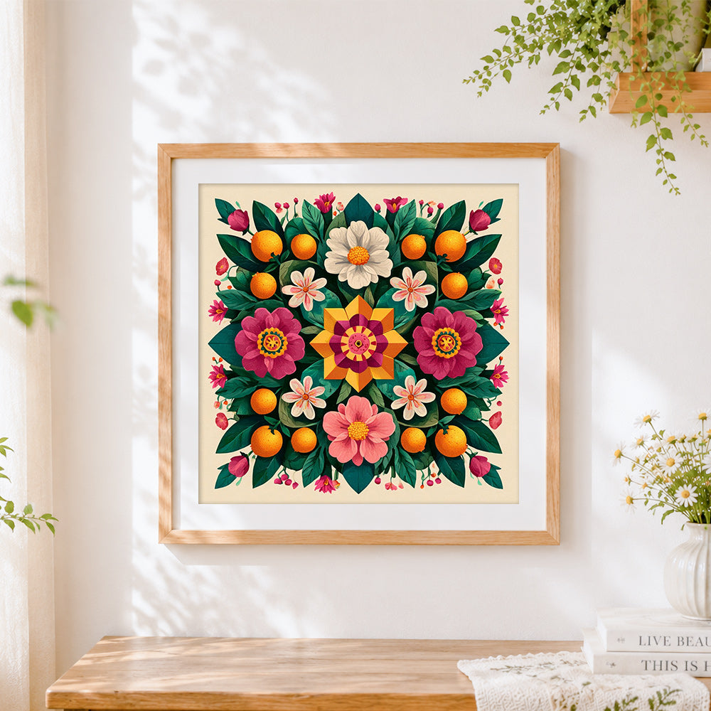 Finished symmetrical citrus and floral pattern cross stitch artwork displayed