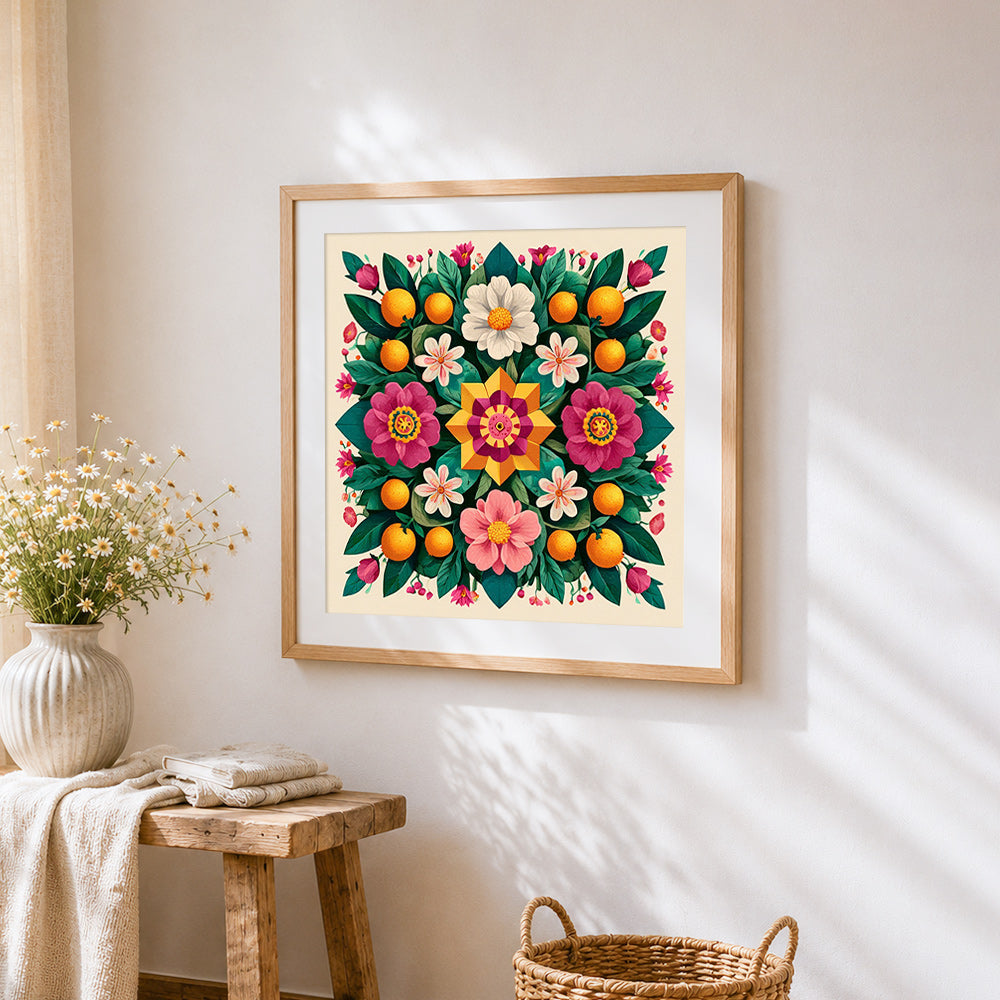 Symmetrical citrus and floral pattern cross stitch artwork displayed on wall as home decor