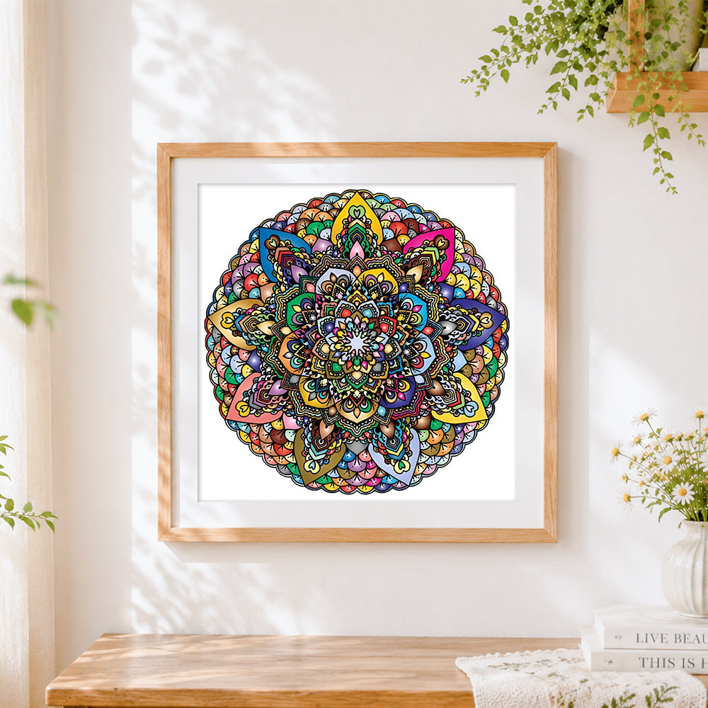 Finished symmetrical floral mandala cross stitch artwork displayed