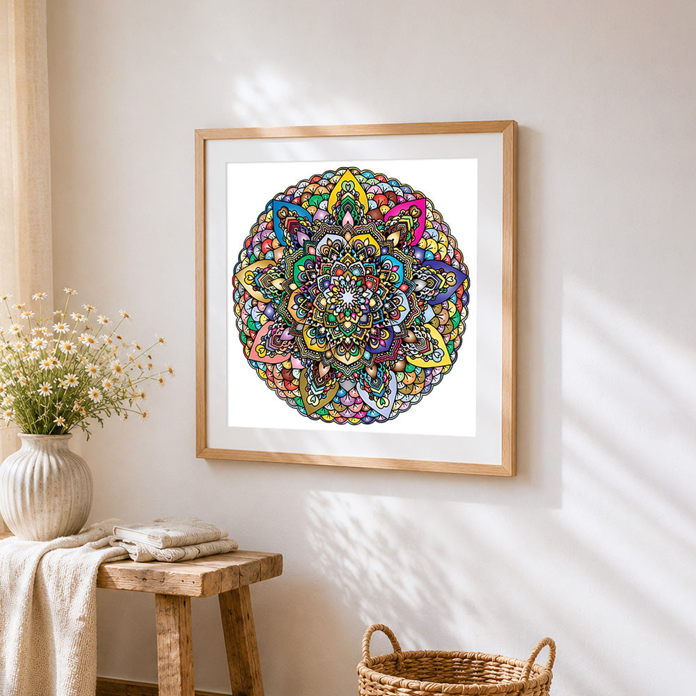 Symmetrical floral mandala cross stitch artwork displayed on wall as home decor