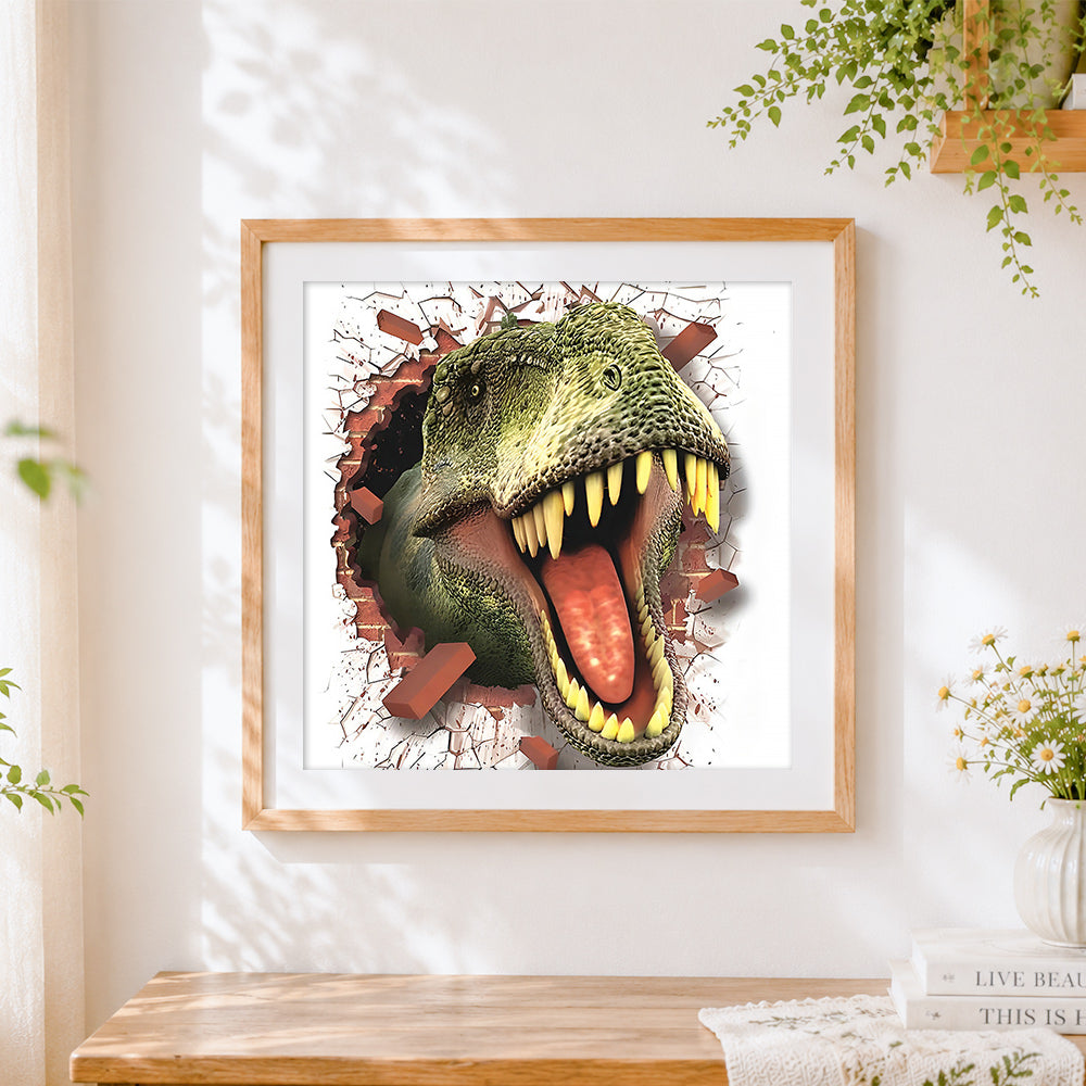 Finished t-rex breaking through the wall cross stitch artwork displayed