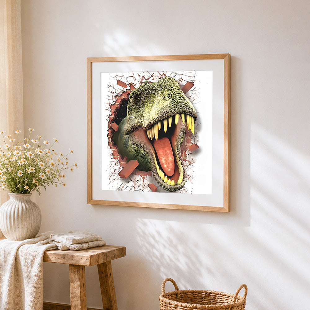 T-rex breaking through the wall cross stitch artwork displayed on wall as home decor