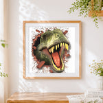 Finished t-rex breaking through the wall paint by numbers artwork displayed as home decor