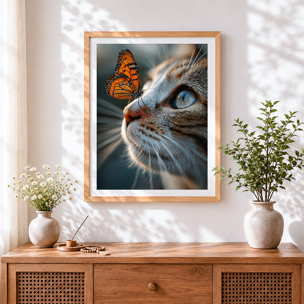 Finished tabby cat and butterfly portrait cross stitch artwork displayed