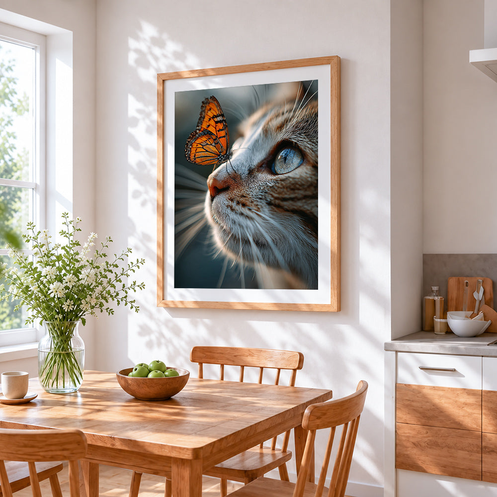 Tabby cat and butterfly portrait cross stitch artwork displayed on wall as home decor