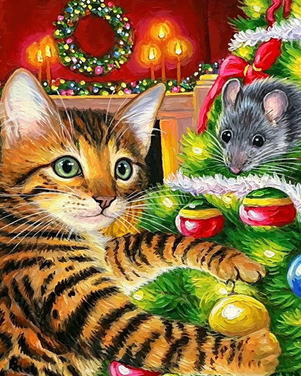 Tabby cat and mouse by a christmas tree cross stitch kit for beginners
