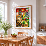 Tabby cat and mouse by a christmas tree cross stitch artwork displayed on wall as home decor