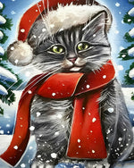 Tabby cat in a santa hat and red scarf cross stitch kit for beginners