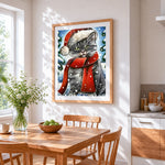 Tabby cat in a santa hat and red scarf cross stitch artwork displayed on wall as home decor