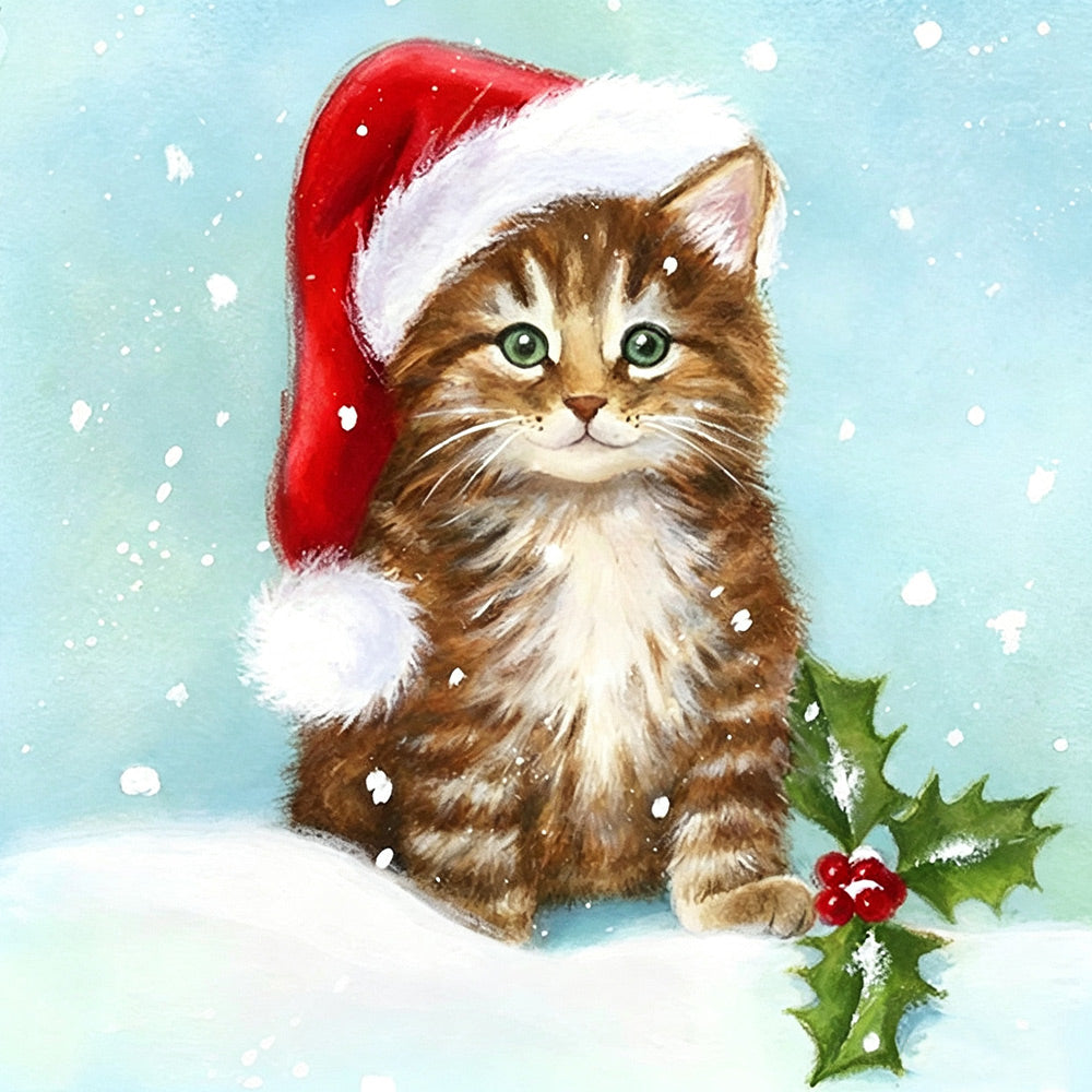 Tabby cat in santa hat with holly cross stitch kit for beginners