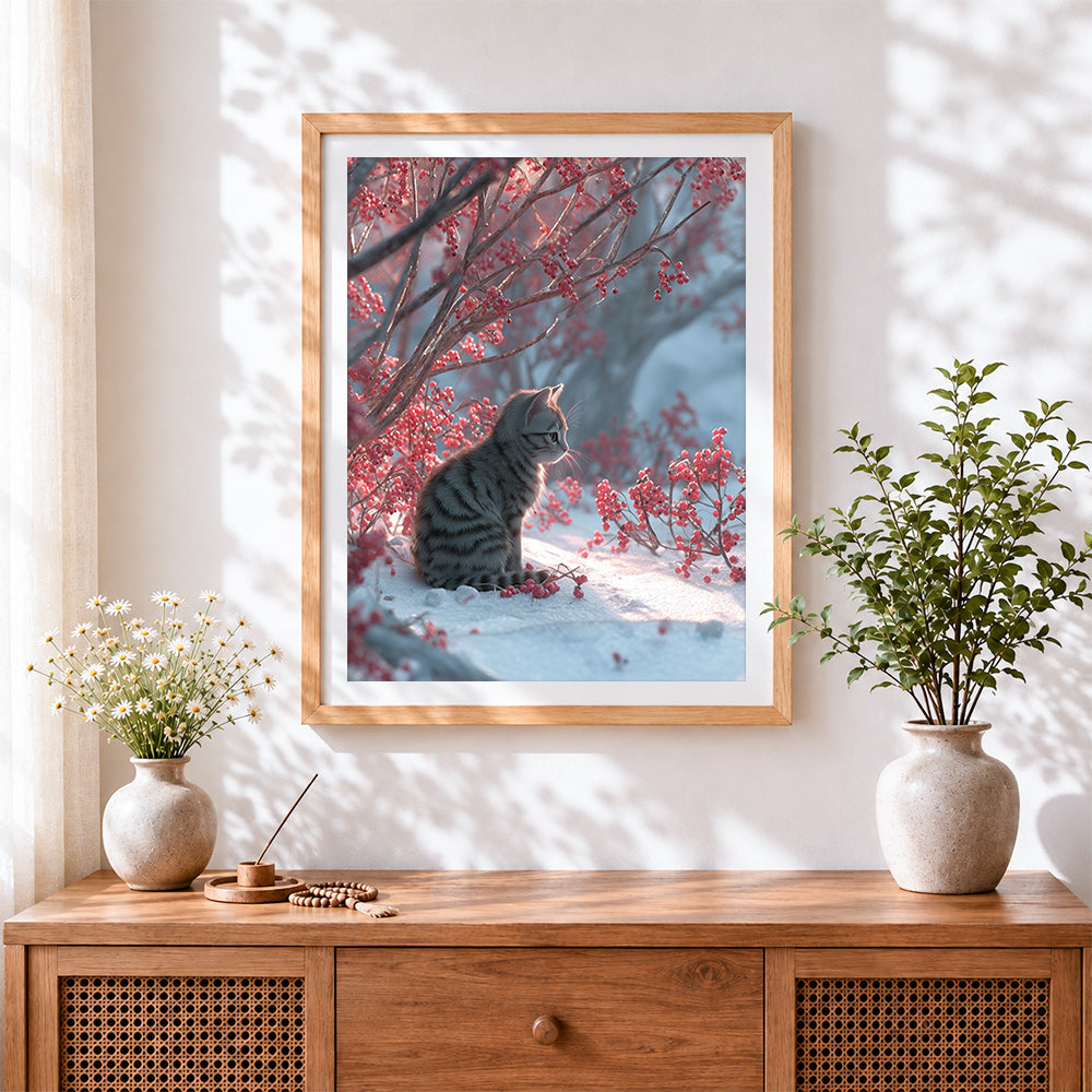 Finished tabby cat in winter snow cross stitch artwork displayed