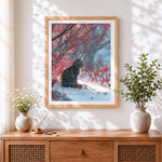 Finished tabby cat in winter snow cross stitch artwork displayed