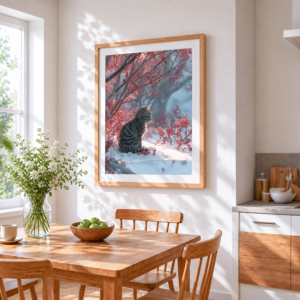 Tabby cat in winter snow cross stitch artwork displayed on wall as home decor
