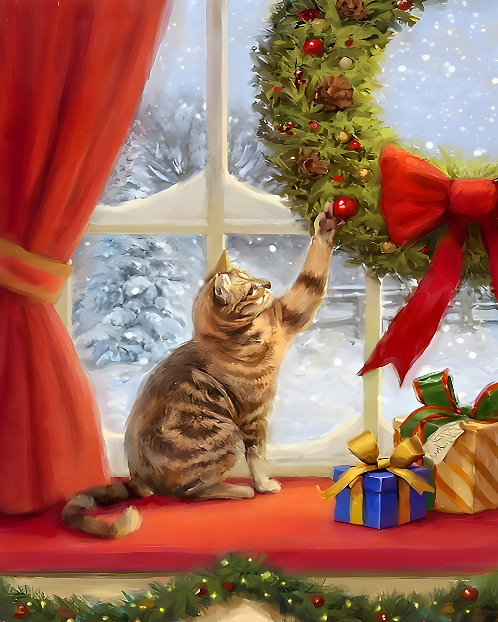 Tabby cat playing with a christmas wreath cross stitch kit for beginners
