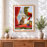 Finished tabby cat playing with a christmas wreath paint by numbers artwork displayed as home decor