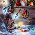 Tabby cat playing with christmas lights cross stitch kit for beginners