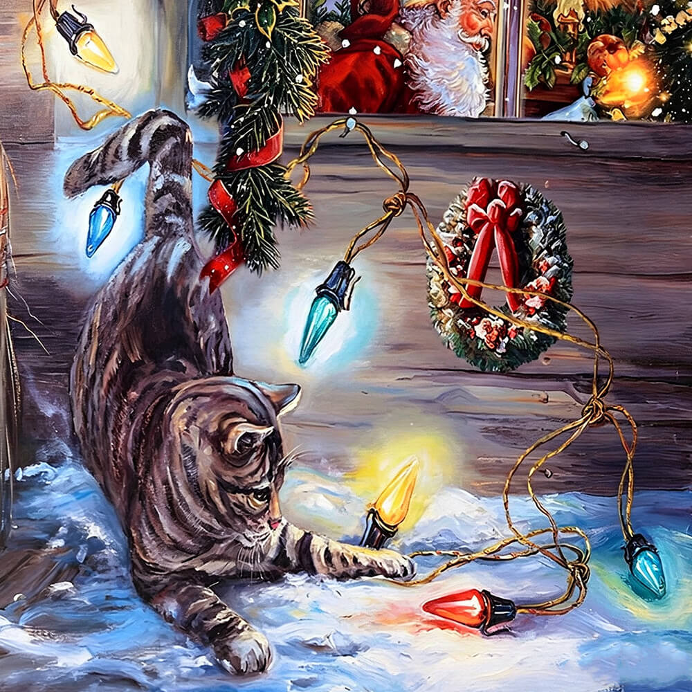Tabby cat playing with christmas lights cross stitch kit for beginners