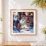 Finished tabby cat playing with christmas lights paint by numbers artwork displayed as home decor